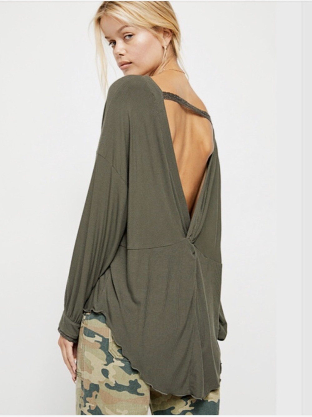 Free People Shimmy Shake Olive Green Ribbed Lace Open Back Boat Neck Top Sz M